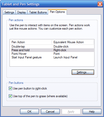 Select the "Pen Options" tab, select the "Press and Hold" pen action from the action list, and press the "Settings" button.